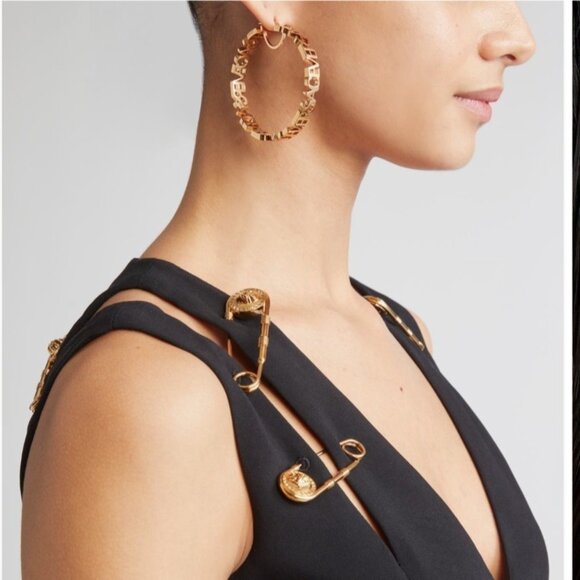 Versace Logo Hoop Earrings Gold Tone - Picture 4 of 10